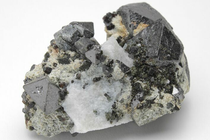 Octahedral Magnetite Crystals In Calcite - Russia #209405